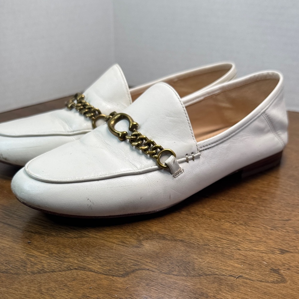 White Leather Chain-Accent Women's Loafers